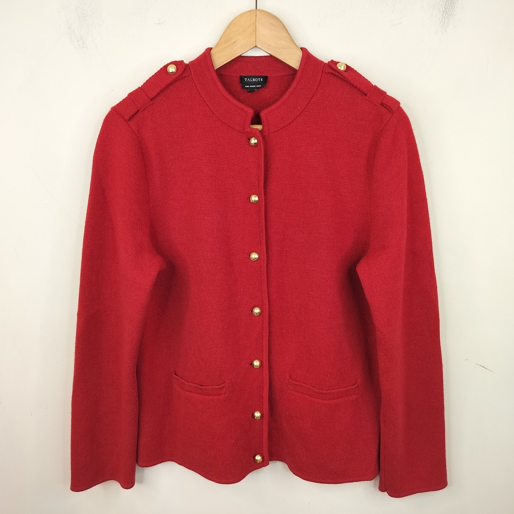 Talbots Merino Wool Cardigan Sweater Large Gold Crest Button Holiday Classic Red
